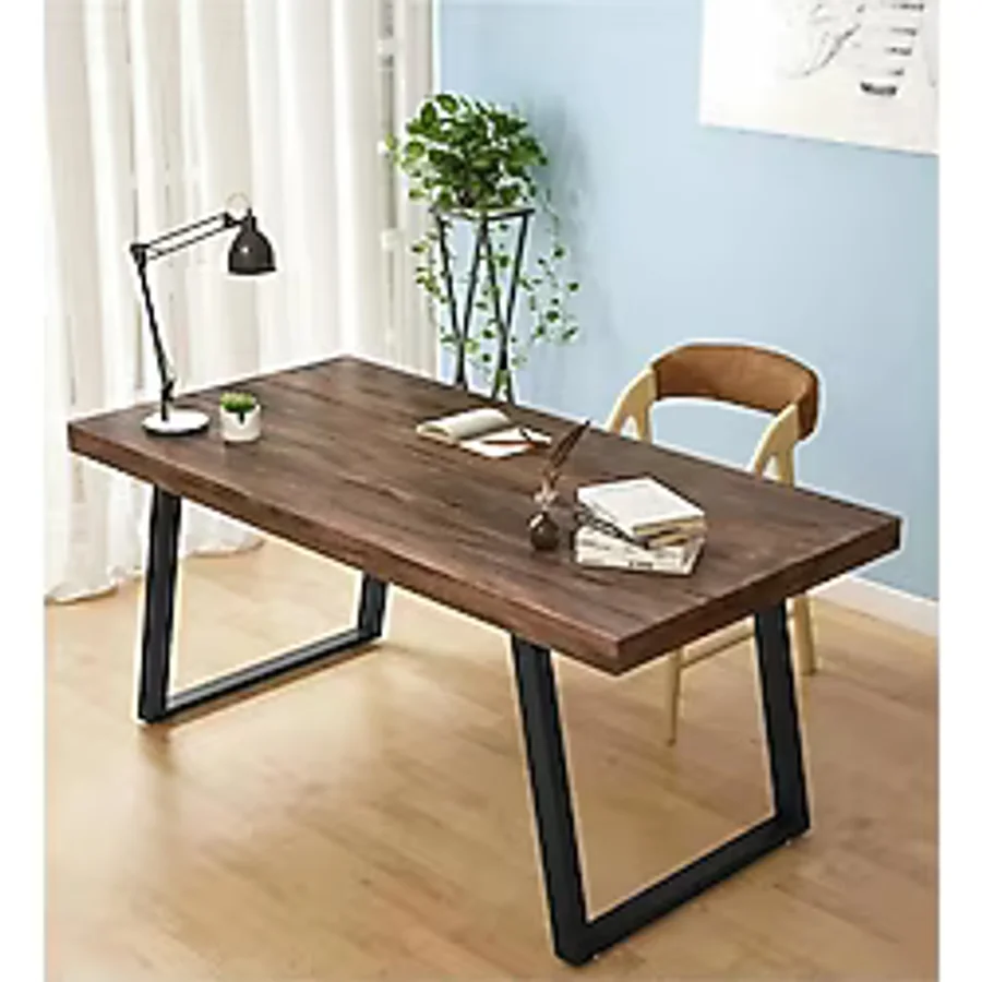 Enjoy Life Ahşap Masif Ağaç Doğal Çalışma Masası Demir Iskelet Ofis Masası - 100 x 200 cm - Ceviz