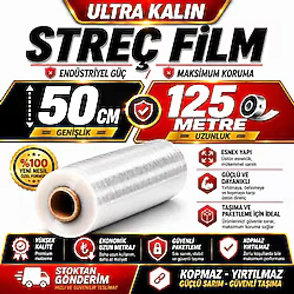 Enjoy Party Store Streç Film 50 cm x 125 Metre Şeffaf Palet ve Eşya Sarma Ambalaj Streçi 17 Mikron Kalın