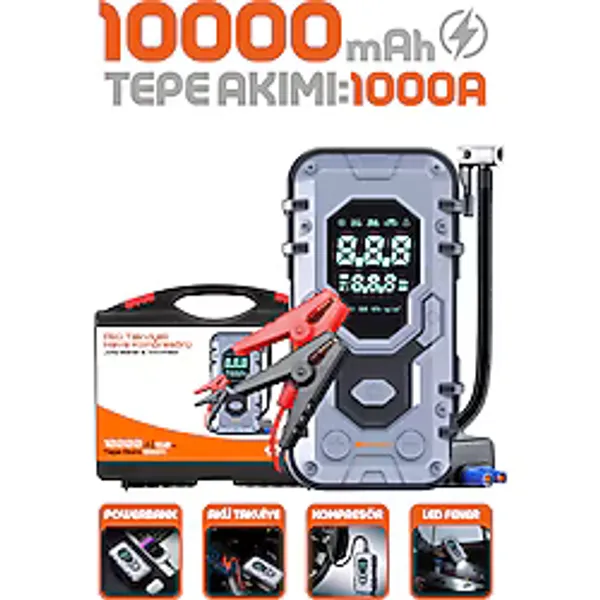 Enshall 10.000mAh Çantalı Akü Takviyeli 1000A Tepe Akımlı Araç Lastik Şişirme Hava Kompresörü Jump Starter