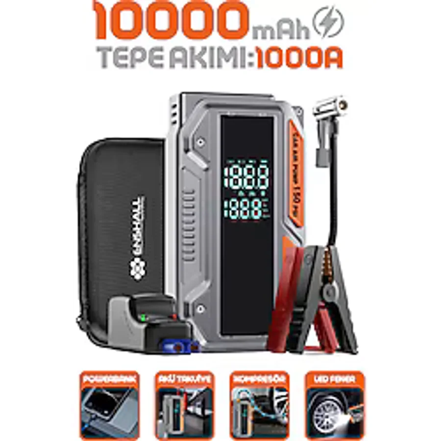 Enshall 10.000mAh Jump Starter Akü Takviyeli 1000A Tepe Akımlı Araç Lastik Şişirme Hava Kompresörü