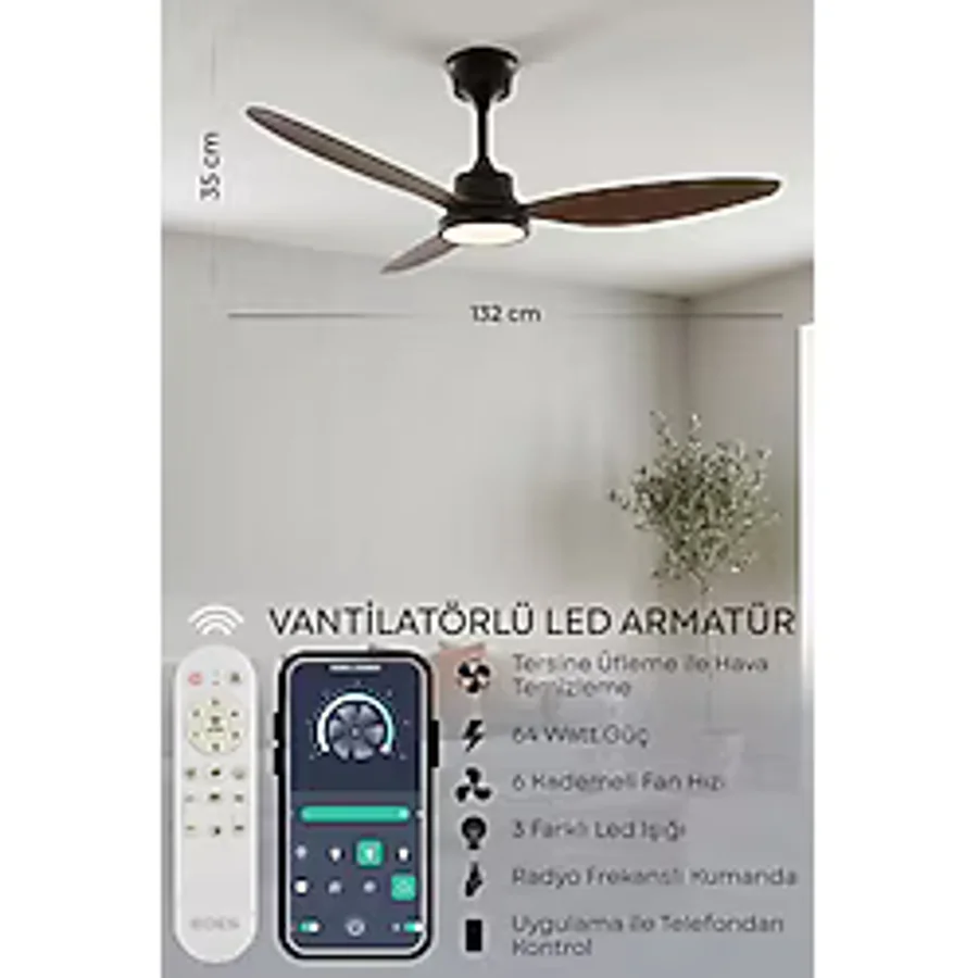 Enshall 132CM Modern Goes Uzaktan Kumandalı 3 Kanatlı Uygulamalı Tavan Vantilatörü ve LED Lamba Işık 64W - Siyah - Kiraz