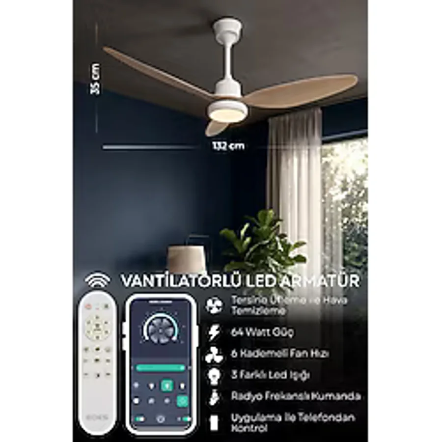 Enshall 132CM Modern Goes Uzaktan Kumandalı 3 Kanatlı Uygulamalı Tavan Vantilatörü ve LED Lamba Işık 64W - Beyaz - Meşe