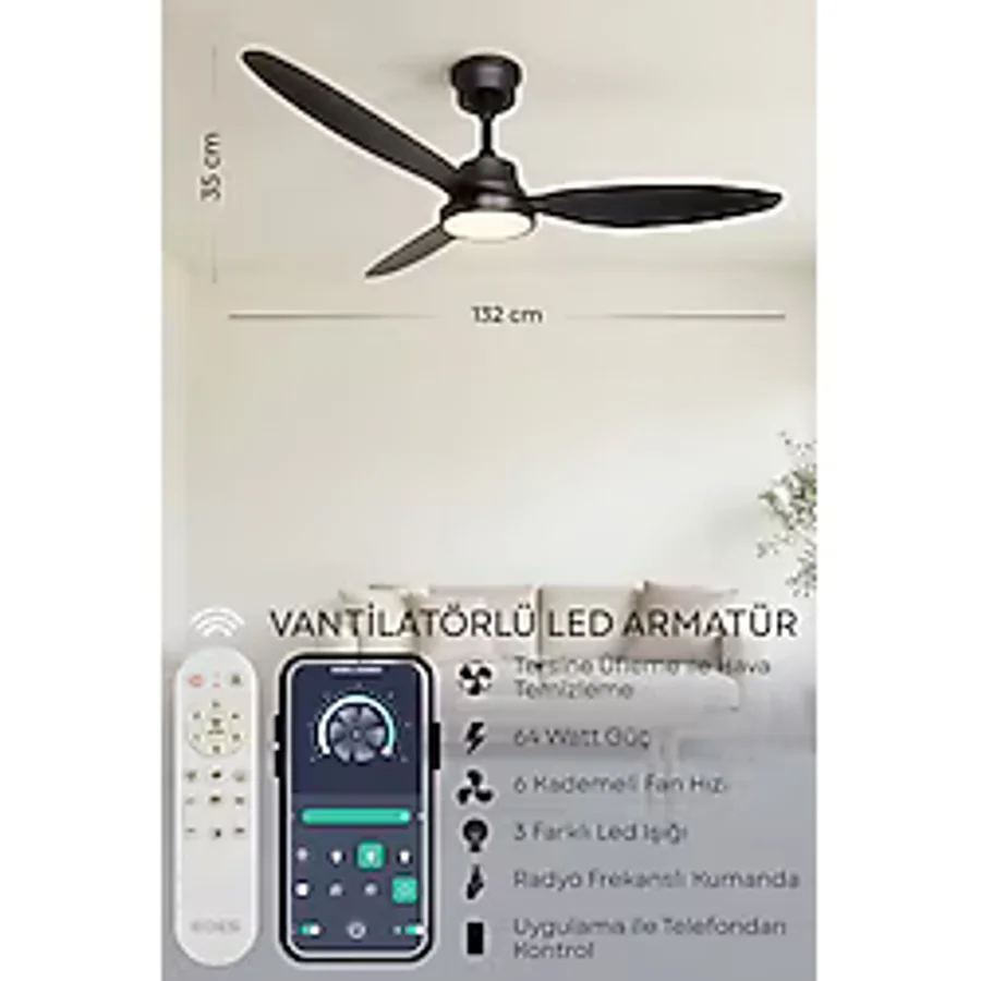 Enshall 132CM Modern Goes Uzaktan Kumandalı 3 Kanatlı Uygulamalı Tavan Vantilatörü ve LED Lamba Işık 64W - Siyah