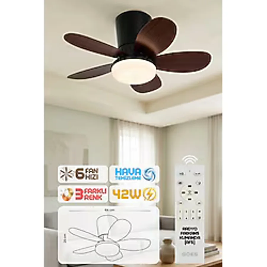 Enshall 64CM Modern Goes Uzaktan Kumandalı 5 Kanatlı Tavan Vantilatörü ve LED Lamba Işık 42W