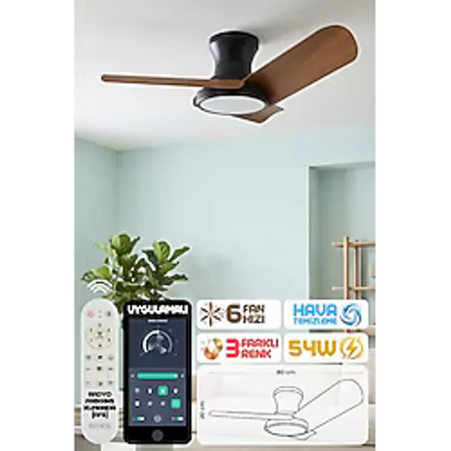 Enshall 80CM Modern Goes Uzaktan Kumandalı 3 Kanatlı Uygulamalı Tavan Vantilatörü ve LED Lamba Işık 54W - Siyah - Koyu Ceviz
