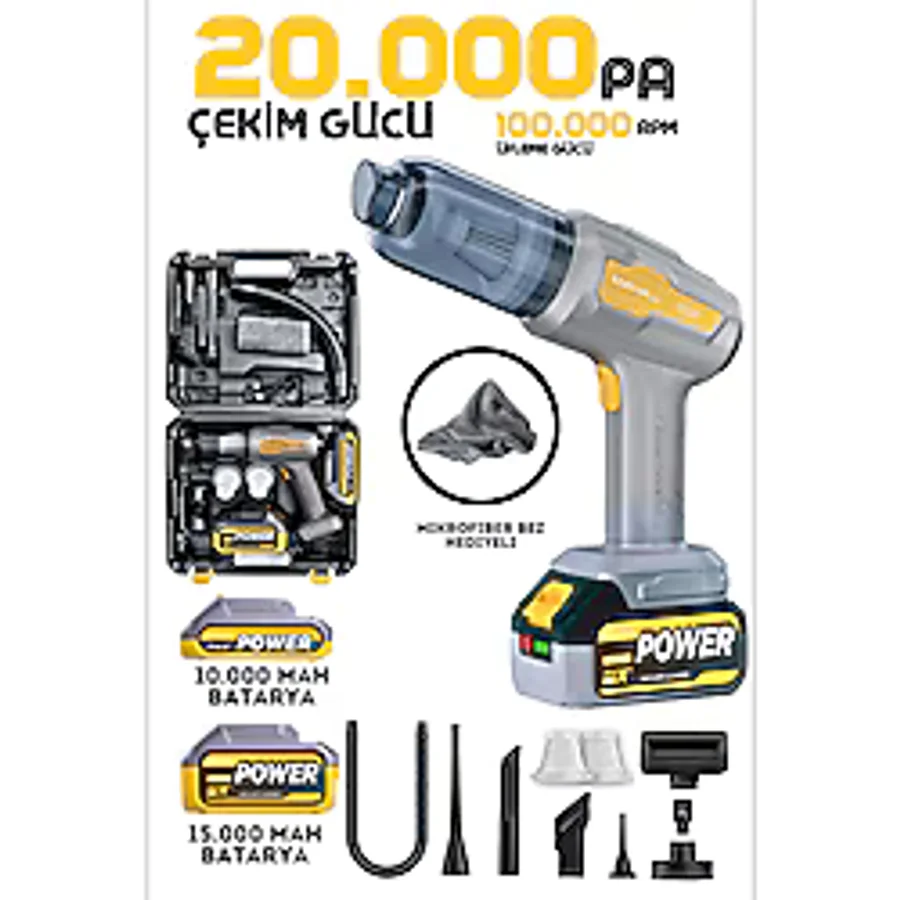 Enshall Yeni 20.000PA Çantalı Yedek Filtreli Çift Bataryalı 120W Şarjlı 2IN1 Araç İçi Süpürge
