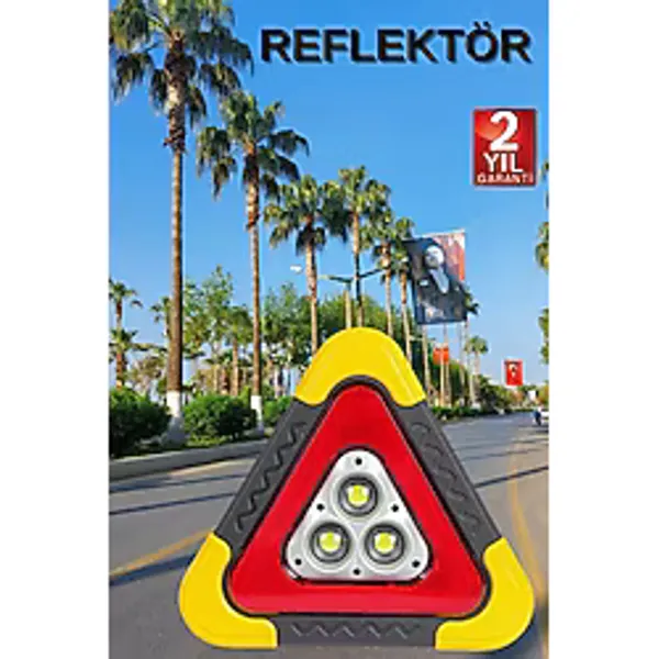 Epilons Reflektör Güneş Panelli Solarlı Şarjlı Üçgen Işıklı Trafik Reflektör Fener