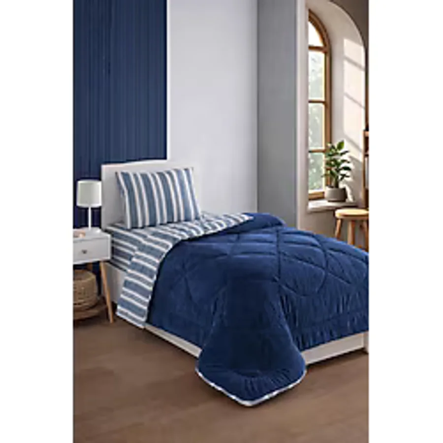 Eponj Home Tek Kişilik Uyku Seti Wellsoft Yorganlı Pofuduk 3 Parça Soft Line Lacivert
