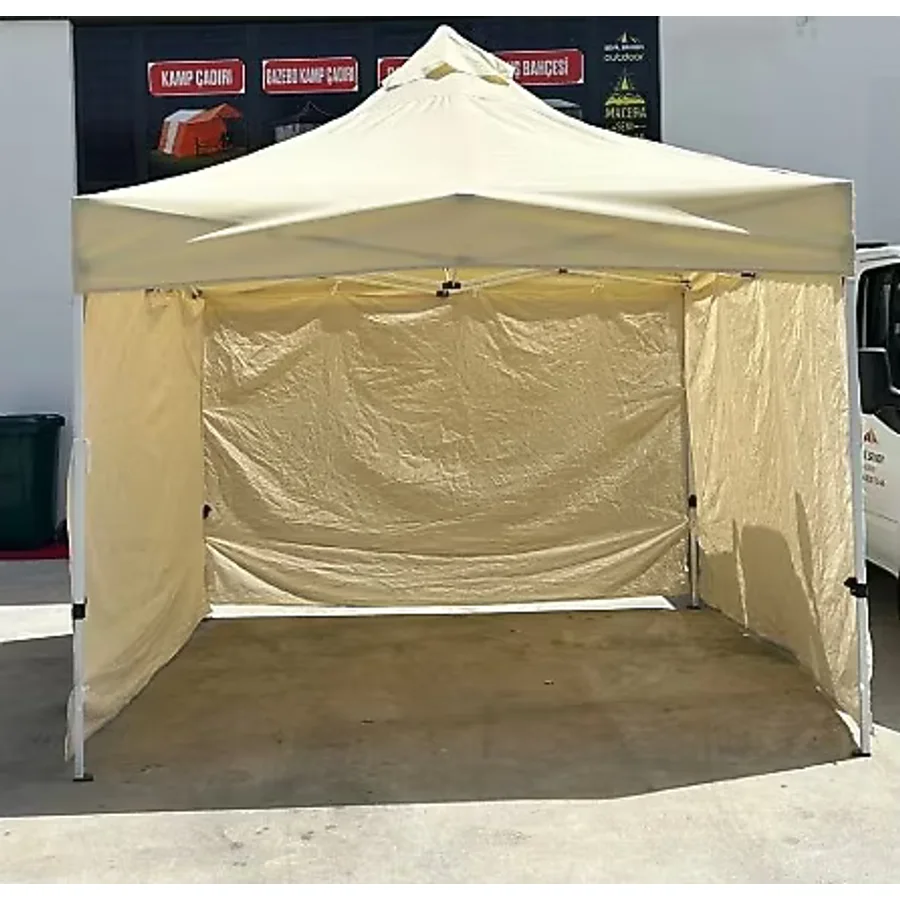 Erbil 3x3 Gazebo Çardak 3 Taraf Ince Bezli Kapalı - Krem Rengi