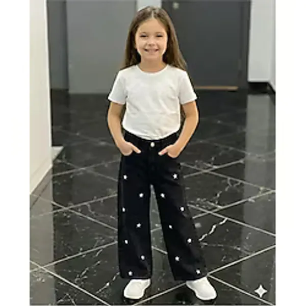 Erdem Kids Kız Çocuk Jean Pantolon Palazzo Geniş Bol Paça Yıldız Nakışlı Kot Pantolon