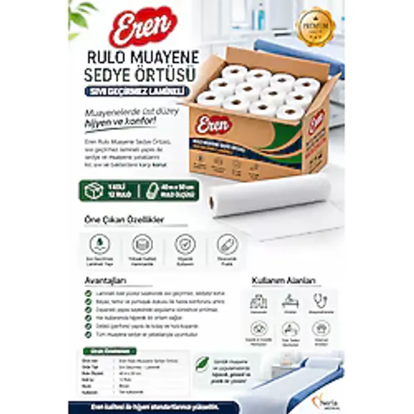 Eren Kağıt Muayene Sedye Masa Örtüsü Lamineli Sıvı Geçirmez 12 Rulo