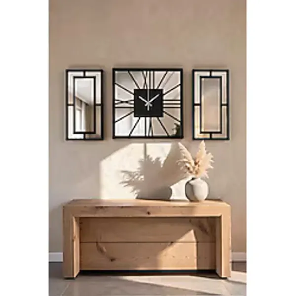 ERGEÇ TASARIM 3 Parça Aynalı Pleksi Duvar Saati Seti 40 cm Saat + 40x20 cm Dekoratif Paneller Modern Salon Dekoru