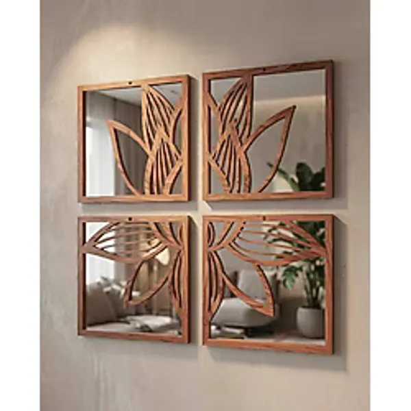 ERGEÇ TASARIM Lotus Serisi Aynalı Dekoratif Duvar Paneli 4 Parça 20x20 cm & 25x25 cm Siyah & Atlantik Çam Gold / Gümüş Ayna Pleksi