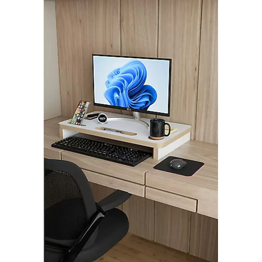 Ergonomik Mdf Monitör Standı Ekran Yükseltici Masaüstü Düzenleyici Organizer Telefon-bardak Bölmeli