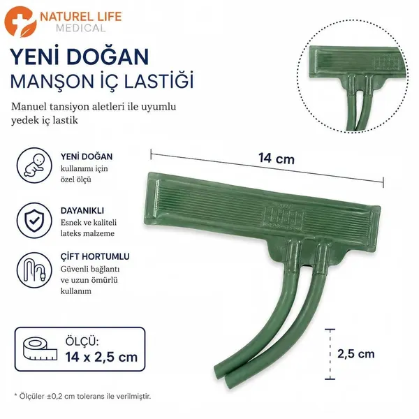 ERKA Orjinal Tansiyon Aleti Manşonu İç Lastiği 14x2,5 cm Çift Hortumlu Yedek İç Balon (PEDİATRİK)