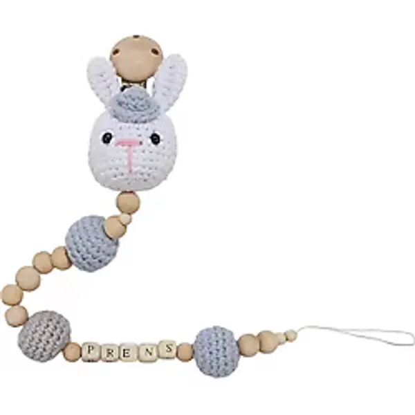 Erkek Bebek Amigurumi Beyaz Mavi Tavşanlı Organik Ahşap Boncuklu İsimli İsme Özel Emzik Askısı