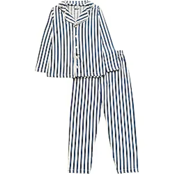 Erkek Çocuk%100 Pamuklu Mavi Beyaz Çizgili Gömlek Yaka Boydan Düğmeli Uzun Kollu Pijama Takımı (mavi, 5 yaş)