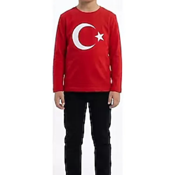 Erkek Çocuk Ay Yıldız Türk Bayraklı Uzun Kollu Tişört Kırmızı