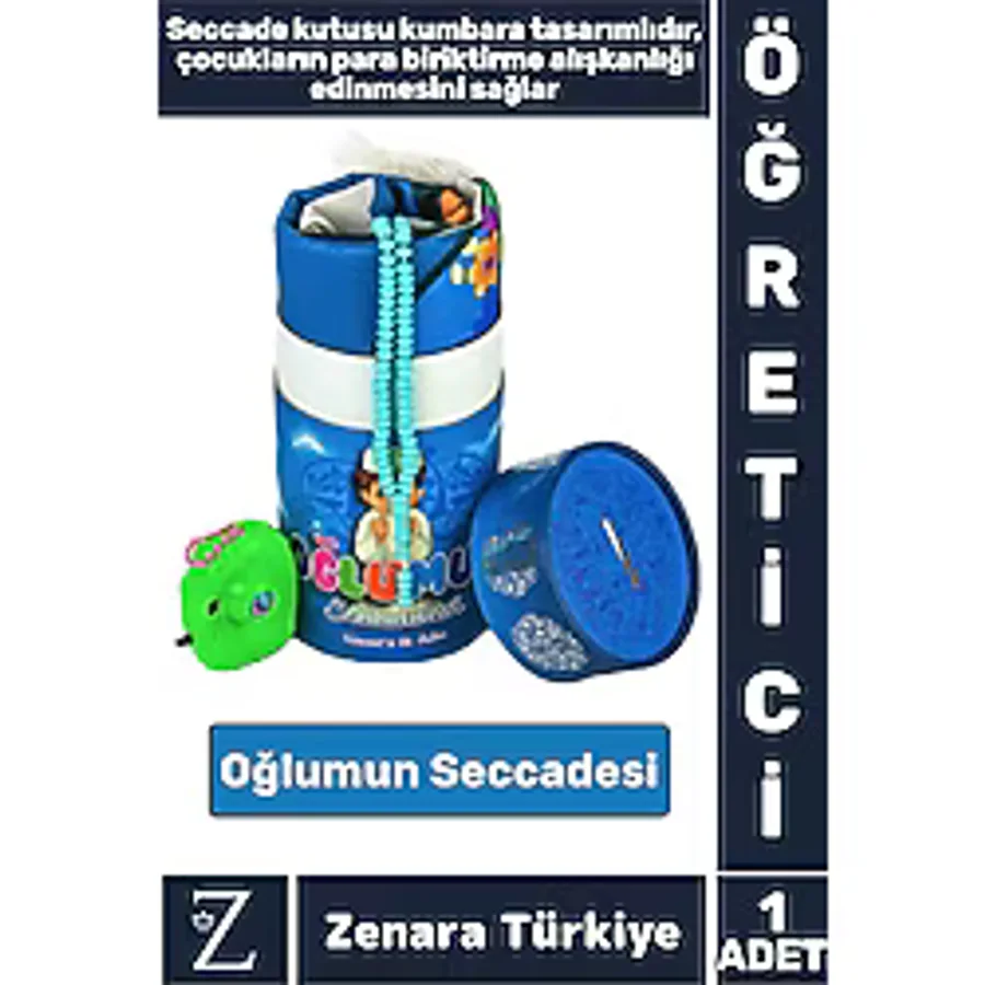 Erkek Çocuk İbadet Öğretici 3 Parça Seccade Tesbih Kumbara Tasarım Namaza İlk Adım Oğlumun Seccadesi