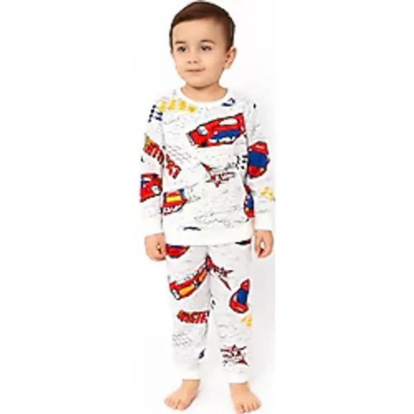 Erkek Çocuk Iki Iplik Pamuklu Şardonlu Beyaz Renk Araba Desenli Uzun Kollu Pijama Takımı - 5 - 6 Yaş