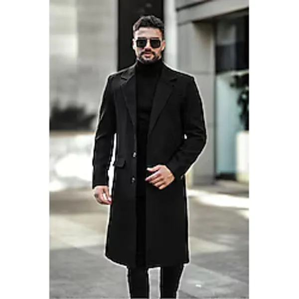 Erkek Dar Kesim Uzun Yünlü Kaşe Palto - XL - Siyah