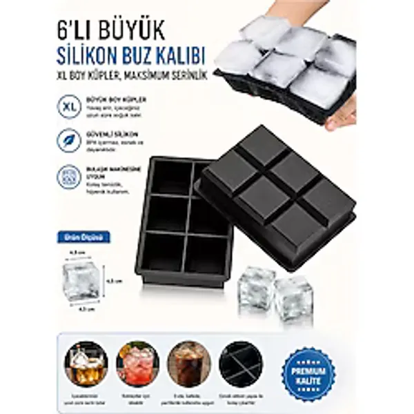 Ermaslicon 6 Bölmeli Büyük Boy Silikon Buz Kalıbı Silikon Kare Buzluk Kokteyl Sunum Buz Kalıbı Et Suyu Saklama