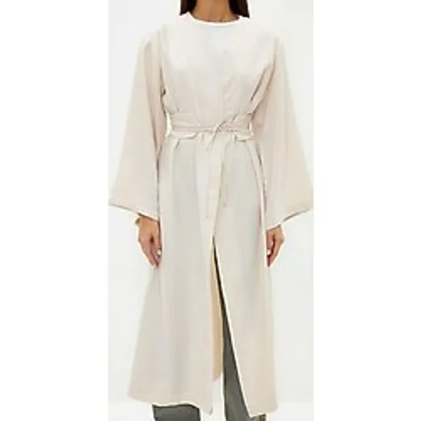 Ersefa Moda Dokuma Rahat Kalıp Regular V Yaka Düşük Kol Keten Görünüm Kruvaze Tesettür Giyim Kimono Kaftan