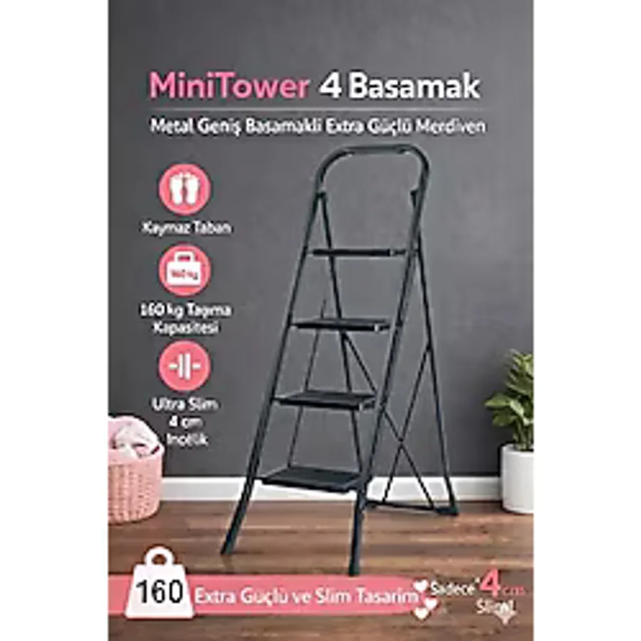 Ertekpa 4 Basamak Siyah Merdiven Geniş Basamaklı Minitower, Mt4