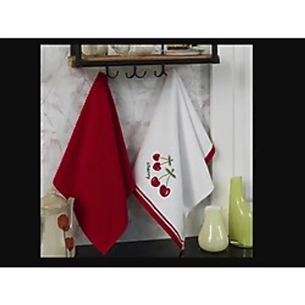 Es Dekor Pamuk Mutfak Havlusu Tekstili 40X60 2'li Kiraz Beyaz Kırmızı Nakışlı Desen Style Home Hot