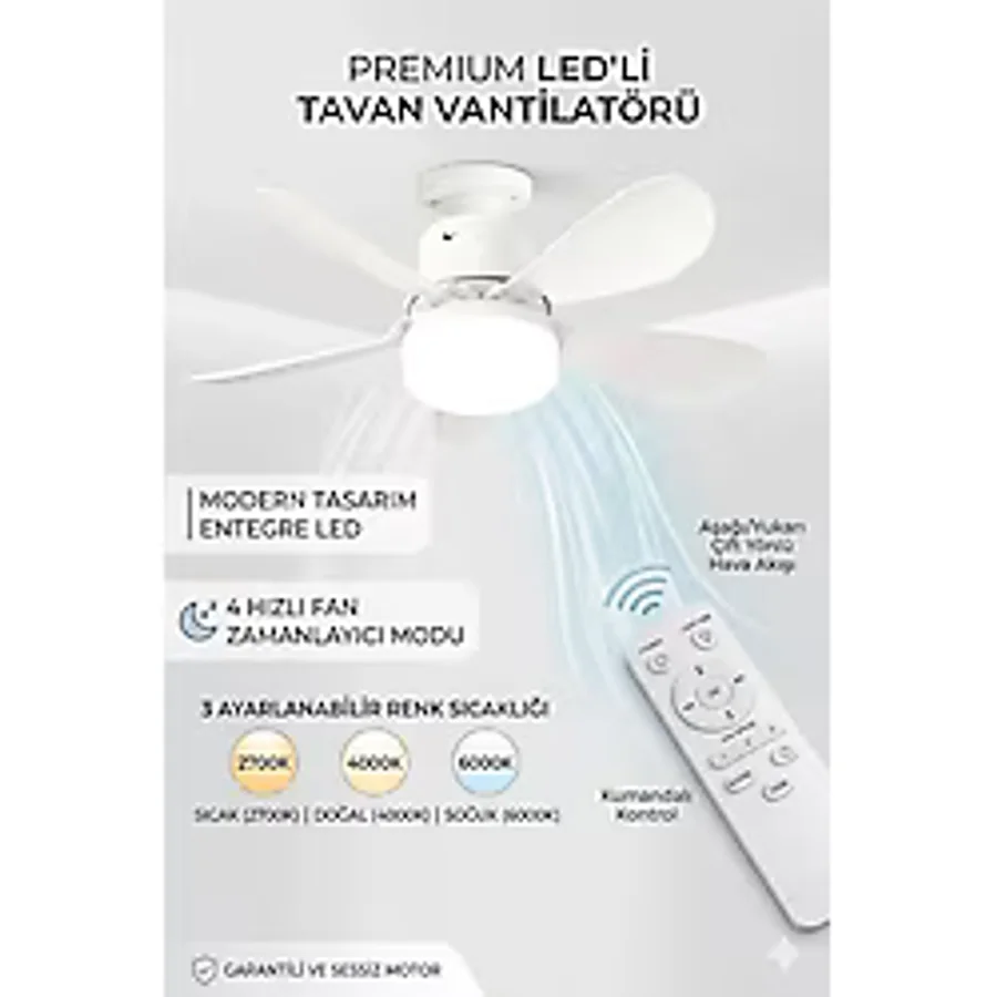 Eser Ticarett Modern LED Aydınlatmalı Tavan Vantilatörü - 4 Kademeli Sessiz Avizeli Vantilatör + Uzaktan Kumandalı Akıllı Zamanlayıcı Pervane - Beyaz