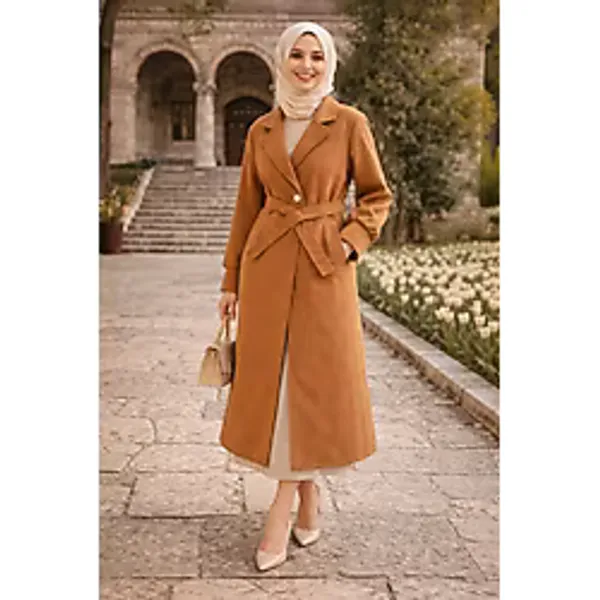 Esra Butik78 Kadın Camel Kuşaklı Uzun Kaban - Hakim Yaka, Cepli, Kışlık Şık Tesettür Mont