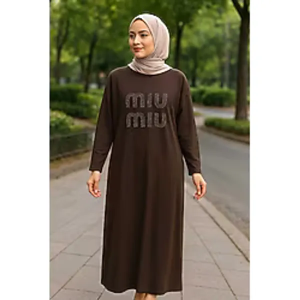 Esra Butik78 Kadın Kahverengi Penye Elbise 120 cm Uzun Baskılı Rahat Kalıp Tesettür Günlük Elbise