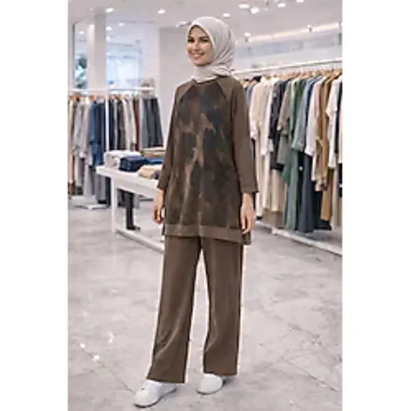 Esra Butik78 Tesettür Kupra Kumaş Desenli İkili Takım - Yan Fermuarlı Tunik & Bol Paça Pantolon - Rahat Şık