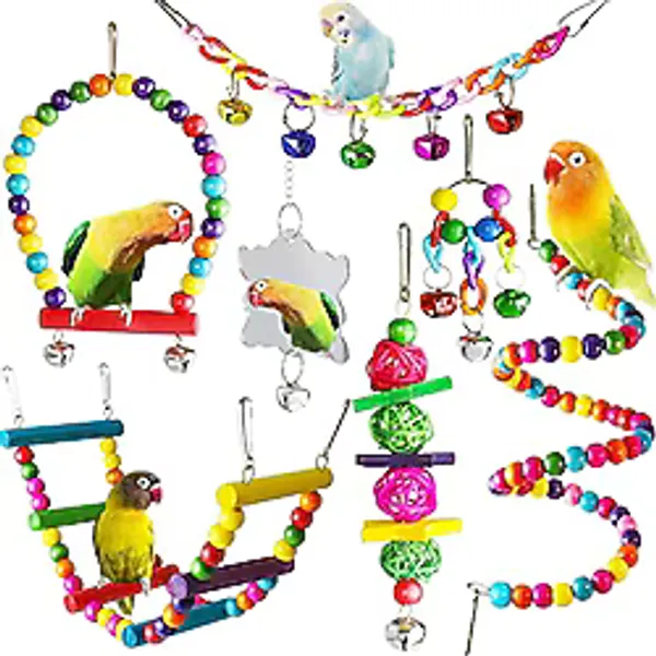 ESRISE Kuş Parakeet Sultan Papağanı Oyuncakları, Doğal Ahşap Asma Zil Evcil Hayvan Kuş Kafesi Hamak Salıncak Tırmanma Merdivenleri Ahşap Levrek Aynası Muhabbet Kuşları için Çiğneme Oyuncağı