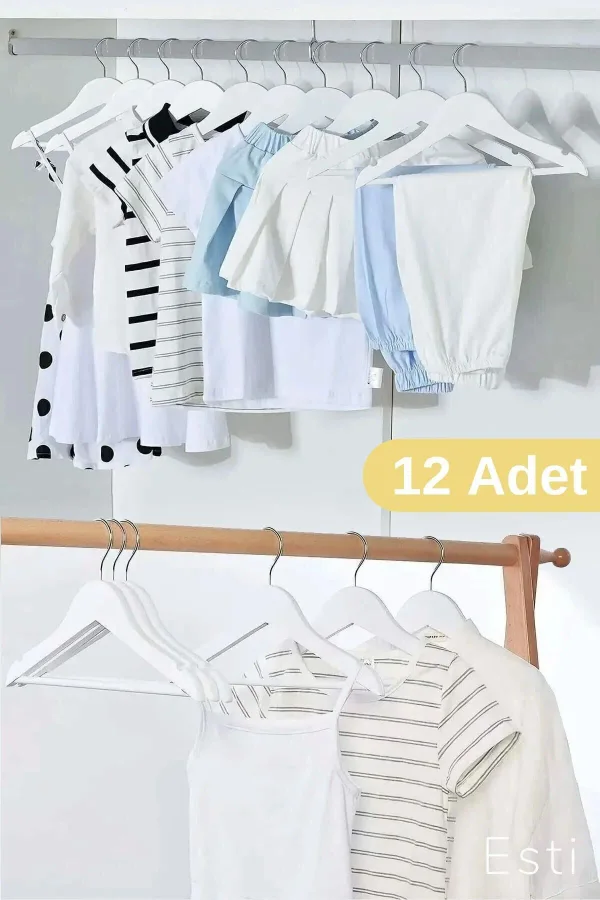 ESTİ 12 Adet - Ahşap Görünümlü Çocuk Ve Bebek Elbise ,kıyafet Askısı Beyaz