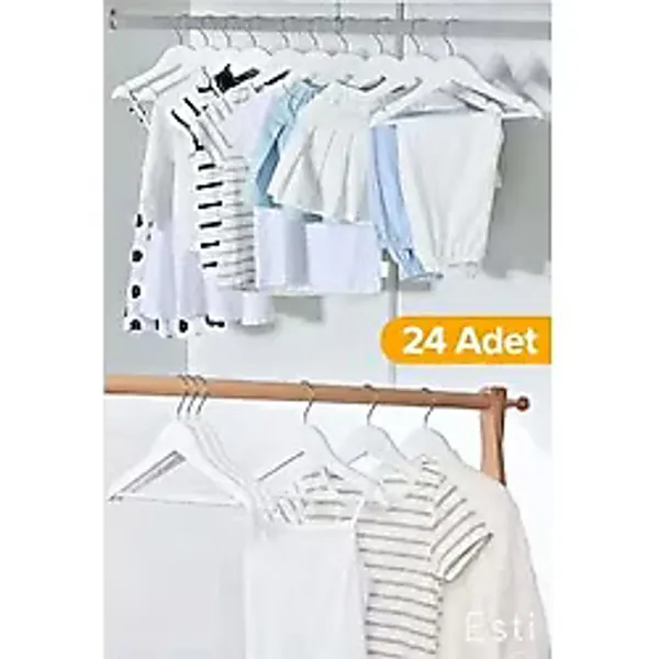ESTİ 24 Adet - Ahşap Görünümlü Çocuk Ve Bebek Elbise ,kıyafet Askısı Beyaz