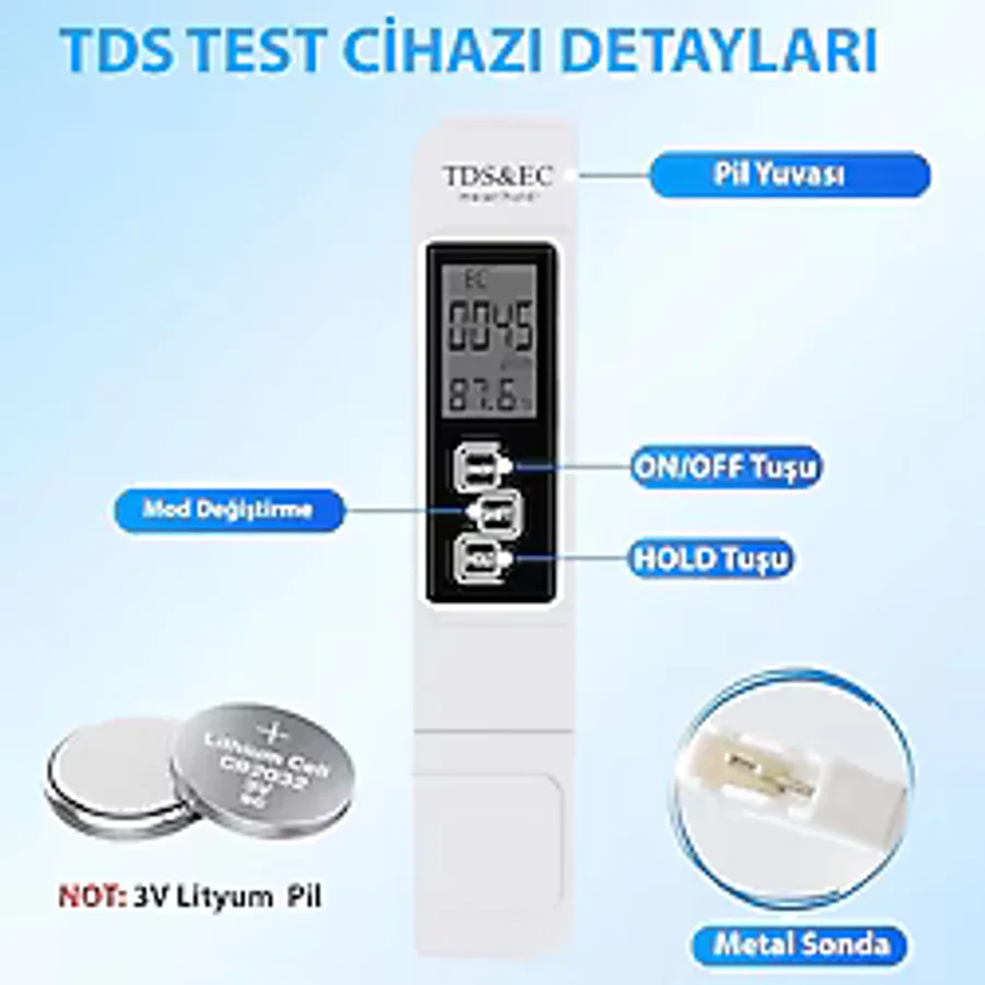 ETABEL TİCARET ETABEL 3 in 1 Dijital Su Kalitesi Test TDS Çok Fonksiyonlu Su Saflık Sıcaklık Ölçer
