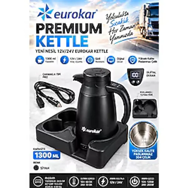 Eurokar Yeni Nesil 12V/24V Kettle Araç İçi Oto Su Isıtıcı-Termos