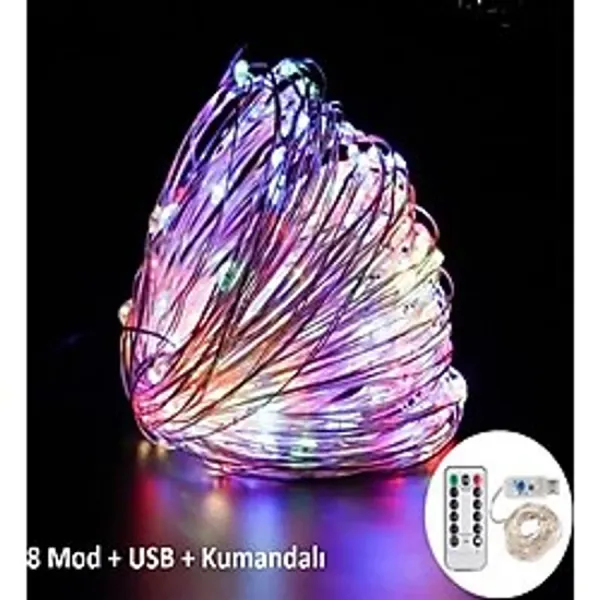 Ev Balkon Ve Parti İçin 10 Metre Renkli Kumandalı Usb Peri Led 8 Modlu Animasyonlu Yılbaşı Süsü Işık Renkli