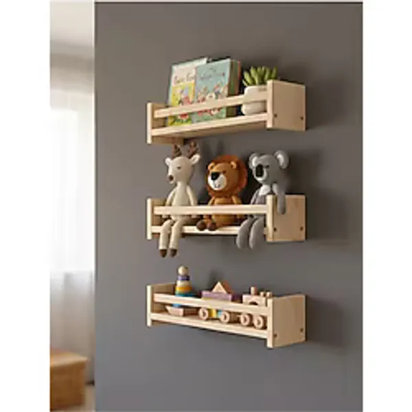 Ev Dekka Ahşap Çocuk Odası Montessori Raf Kitaplık 3'Lü Set - Duvar Dekoru Oyuncak Rafı 60X40 Cm