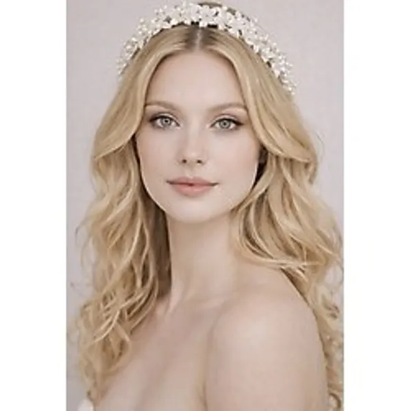 Eva Flore İncili Beyaz Çiçekli Gelin Lohusa Tacı