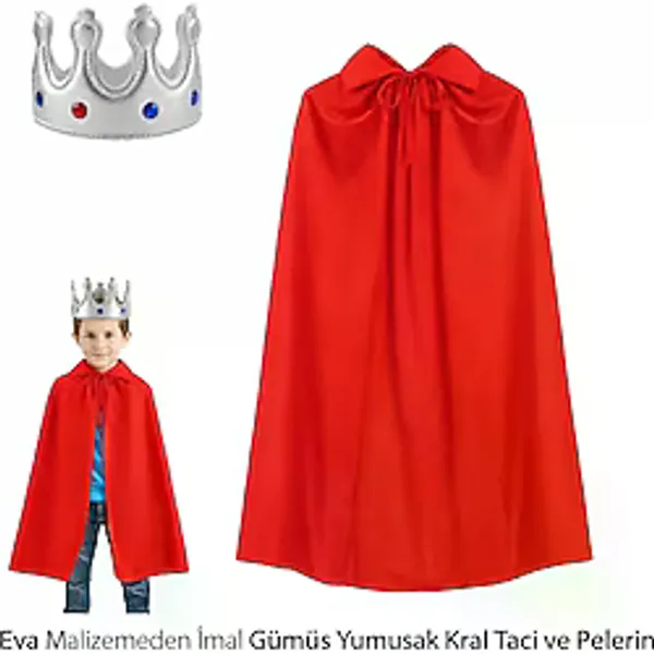 Eva Malzemeden Gümüş Yumuşak Kral Tacı Ve Kırmızı Pelerin Seti