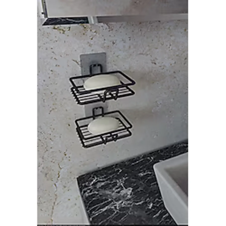 EVA METAL TASARIM Yapışkanlı 2 li Set Sabunluk Banyo Mutfak Lavabo Metal Katı Sabunluk Siyah