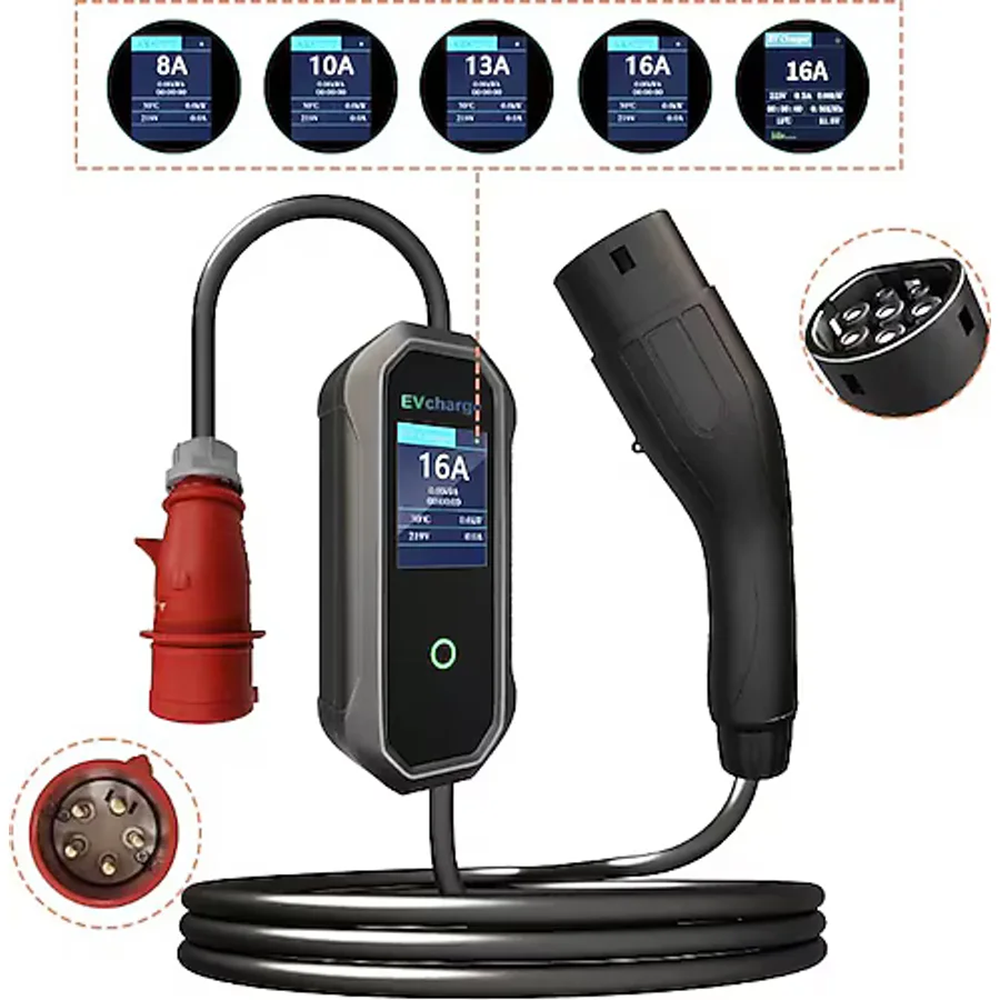 EVcharge 11 Kw Elektrikli Araç Taşınabilir Şarj Istasyonu 16A Tip-2 5X32A 5 mt Tip2(Mobil Uygulama)