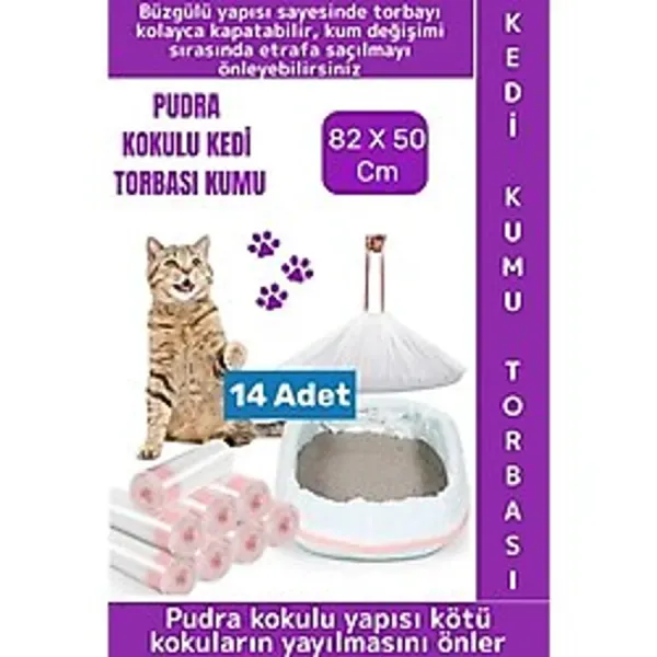 Evcil Hayvan Pet Yırtılma Dayanıklı Kötü Koku Önleme Pudra Kokulu Kedi Kumu Torbası 82x50 Cm 14 Adet