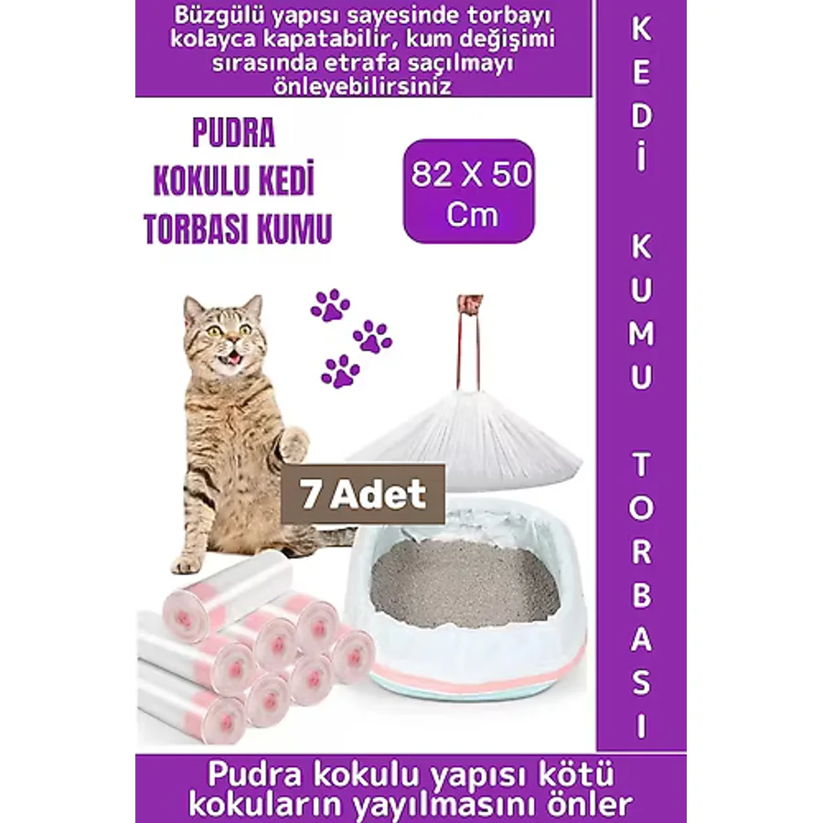 Evcil Hayvan Pet Yırtılma Dayanıklı Kötü Koku Önleyen Pudra Kokulu Kedi Kumu Torbası 82x50 Cm 7 Adet