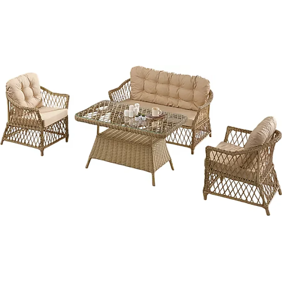 Evdemo Icon Rattan 2+1+1+Camlı Masa Cappuccino Bahçe Balkon Takımı