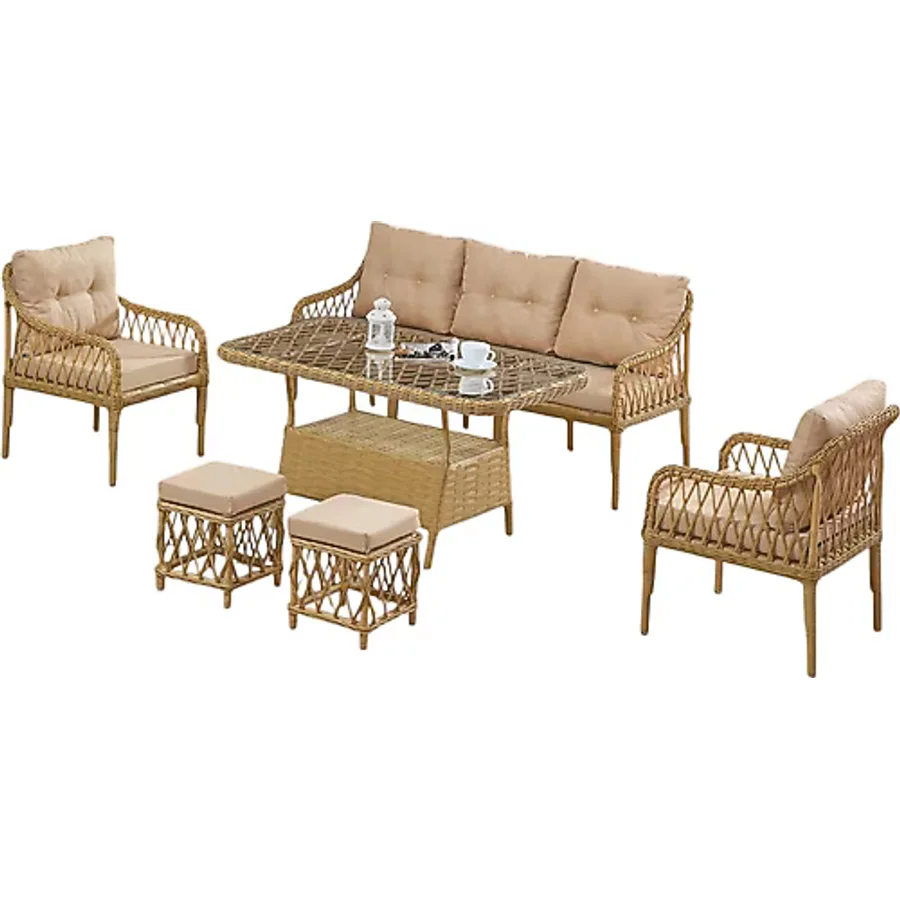 Evdemo Joy Rattan 3+1+1+Camlı Masa Puflu Cappuccino Bahçe & Balkon Takımı