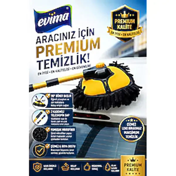EVİMA Premium Araç Yıkama Fırçası 90° Döner Başlıklı Teleskopik Mikrofiber Oto Temizlik Mopu