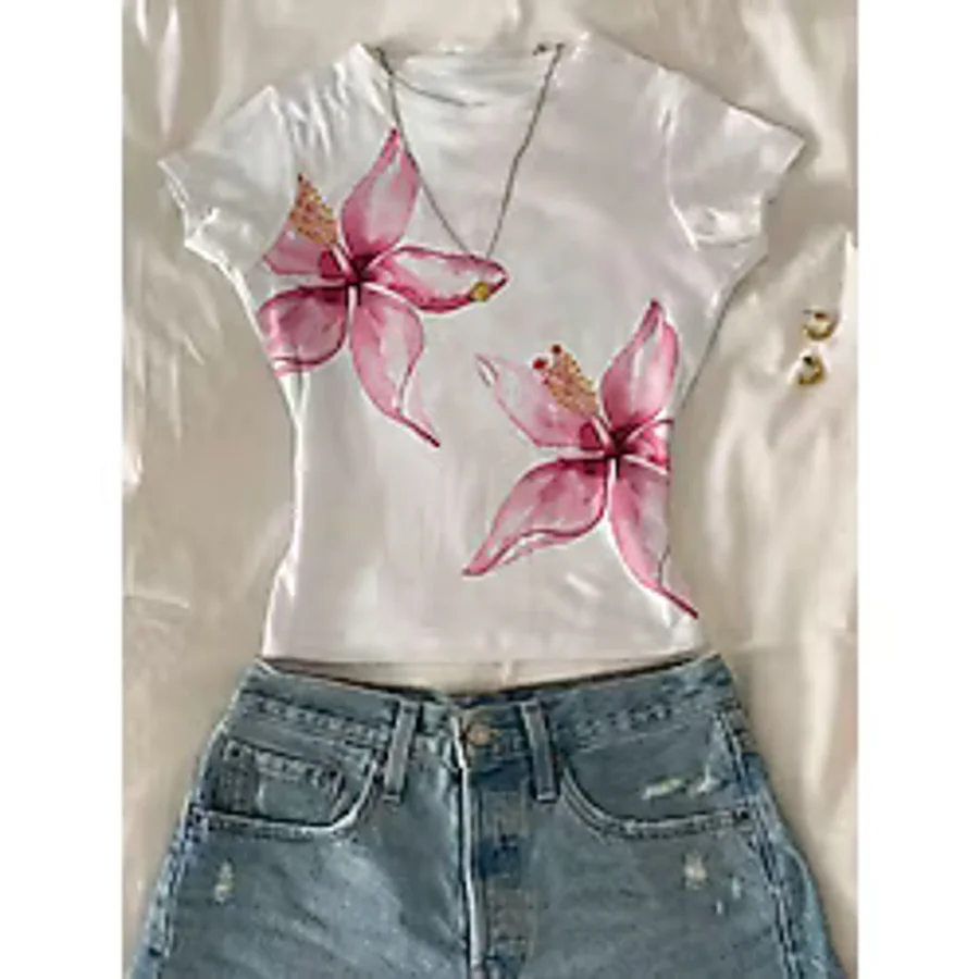 EVIus Kadın Çiçek Baskılı Likralı Kısa Kol Body Tee Crop